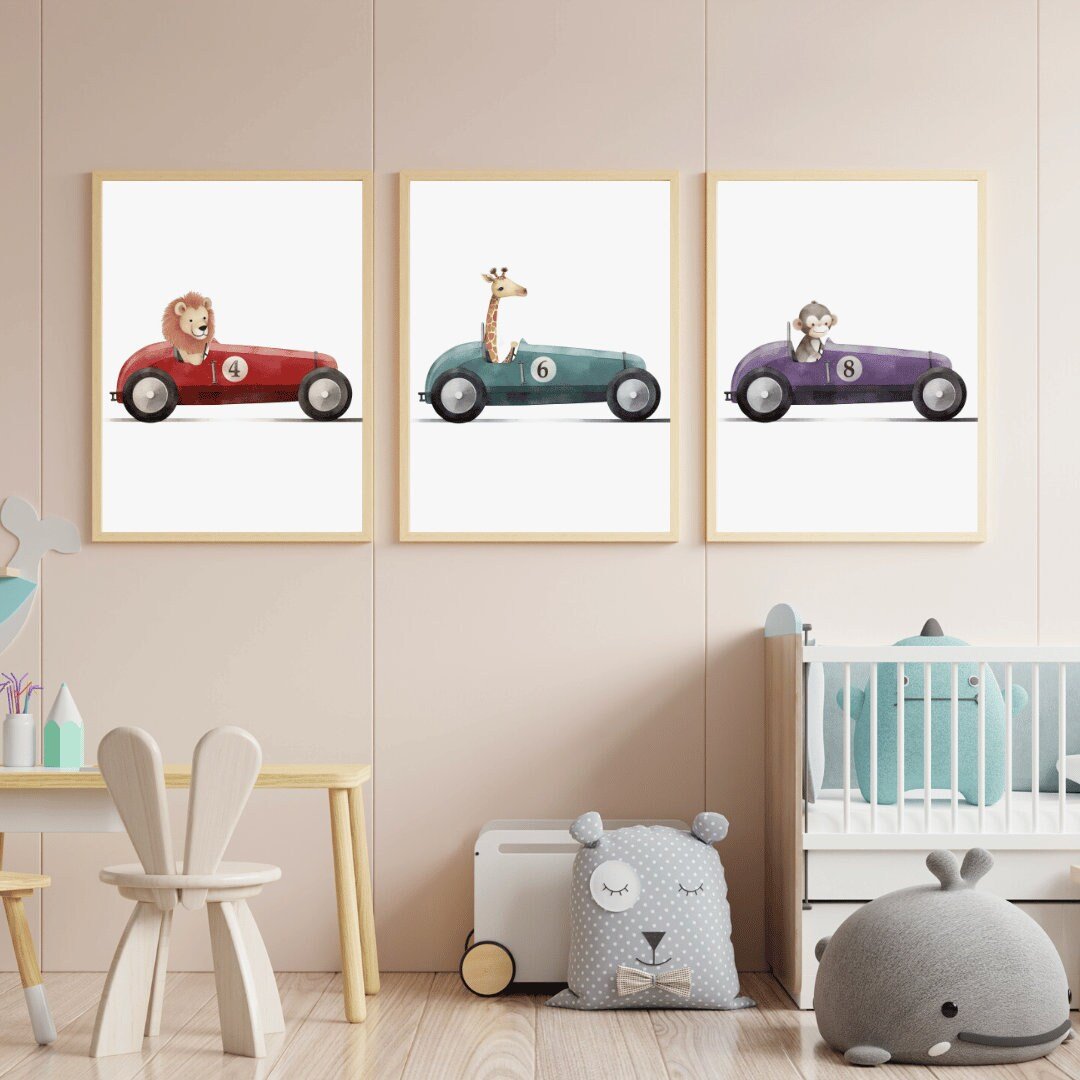 Lion Giraffe Monkey Wall Art – Safari Boys Room Print • Set of 3