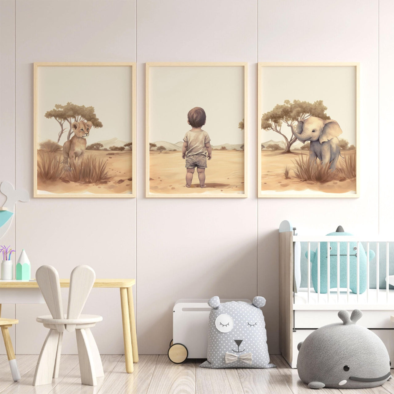 Elephant & Lion Wall Art – Safari Boys Room Decor • Set of 3