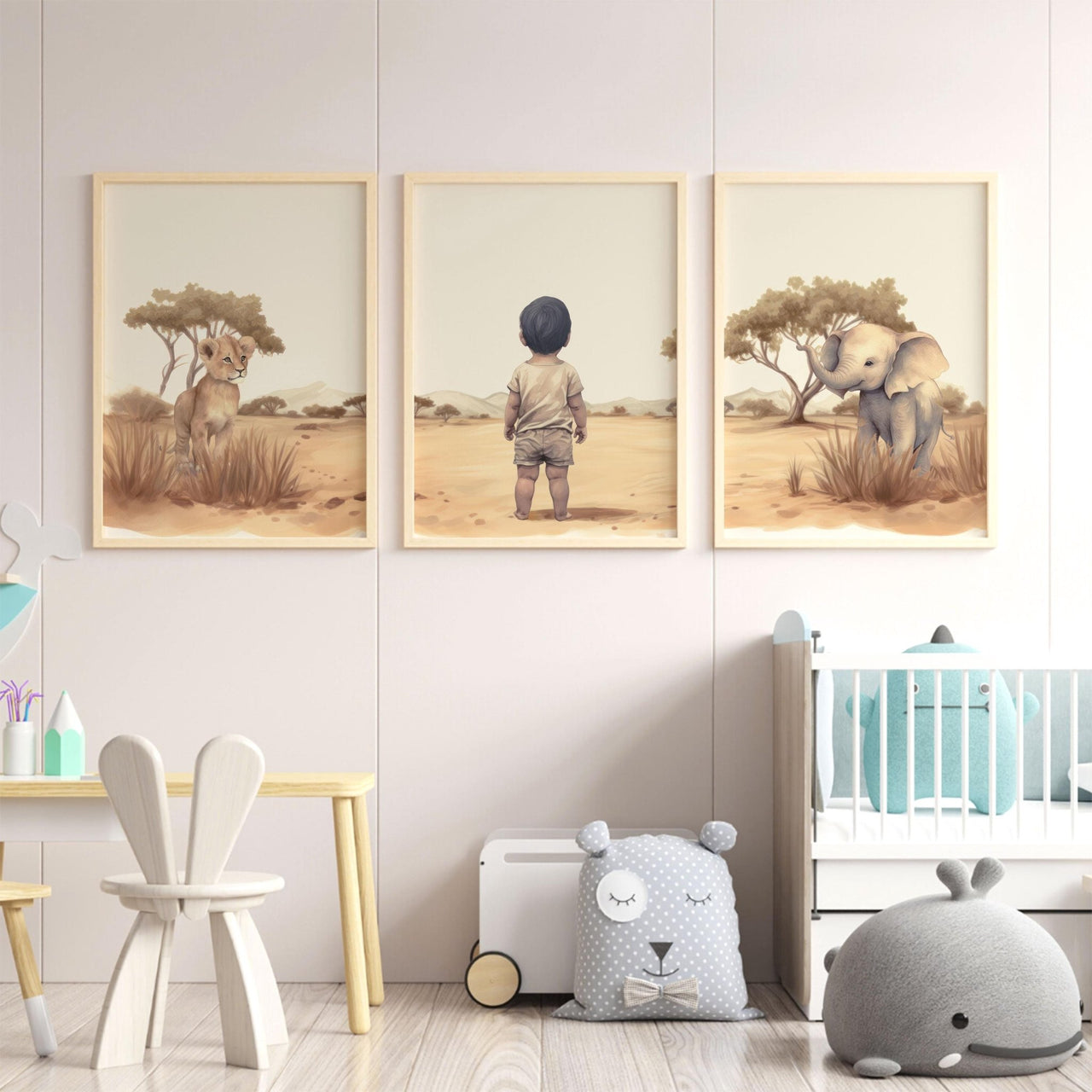 Safari Elephant & Lion Wall Art – Animal Boys Room Decor • Set of 3