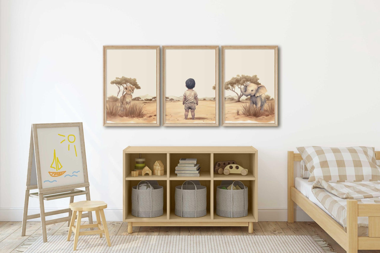 Safari Elephant & Lion Wall Art – Animal Boys Room Decor • Set of 3
