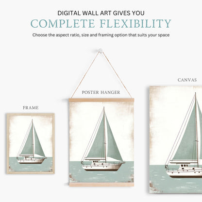 Sailboat Nursery Print, Ocean Theme Decor, Sage Green Wall Art - WildfieldPrints