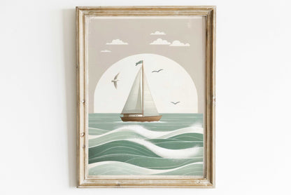 Sailboat Nursery Print, Ocean Theme Decor, Sage Green Wall Art - WildfieldPrints
