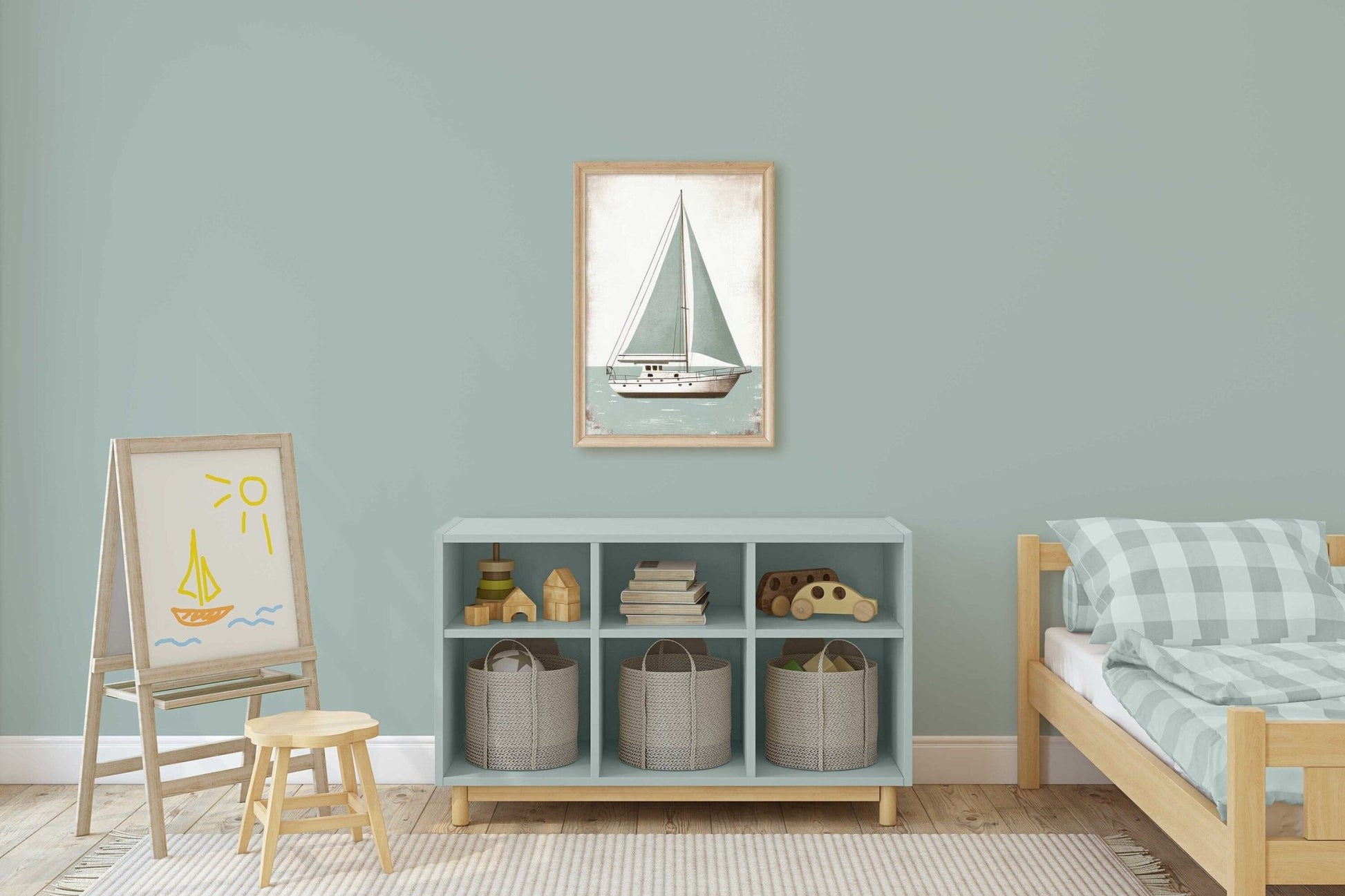 Sailboat Nursery Print, Ocean Theme Decor, Sage Green Wall Art - WildfieldPrints