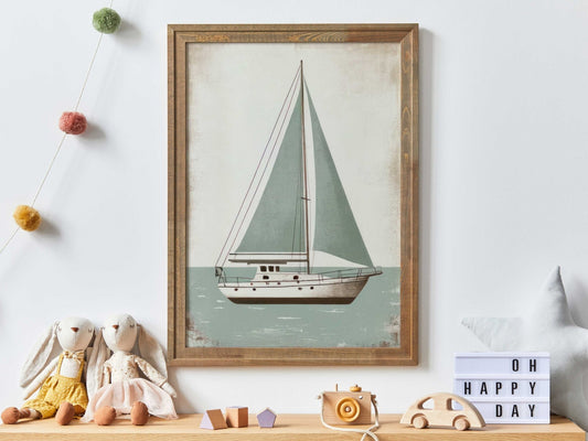 Sailboat Nursery Print, Ocean Theme Decor, Sage Green Wall Art - WildfieldPrints