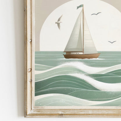 Sailboat Nursery Print, Ocean Theme Decor, Sage Green Wall Art - WildfieldPrints