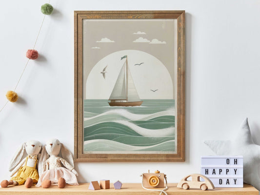 Sailboat Nursery Print, Ocean Theme Decor, Sage Green Wall Art - WildfieldPrints