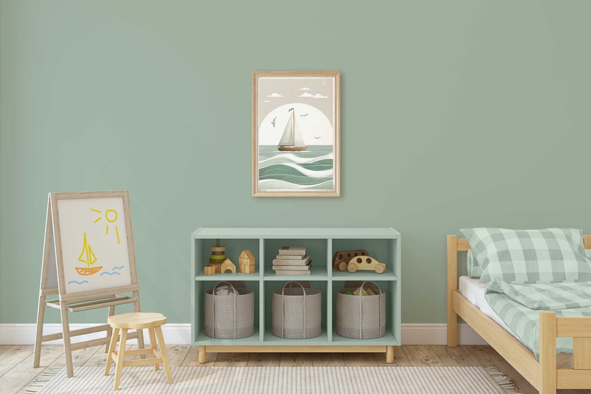 Sailboat Nursery Print, Ocean Theme Decor, Sage Green Wall Art - WildfieldPrints