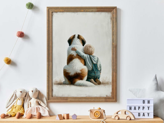 Saint Bernard Nursery Decor, Boy and Dog Wall Art, Cute Kids Art - WildfieldPrints