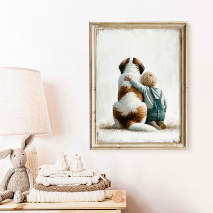 Saint Bernard Nursery Decor, Boy and Dog Wall Art, Cute Kids Art - WildfieldPrints