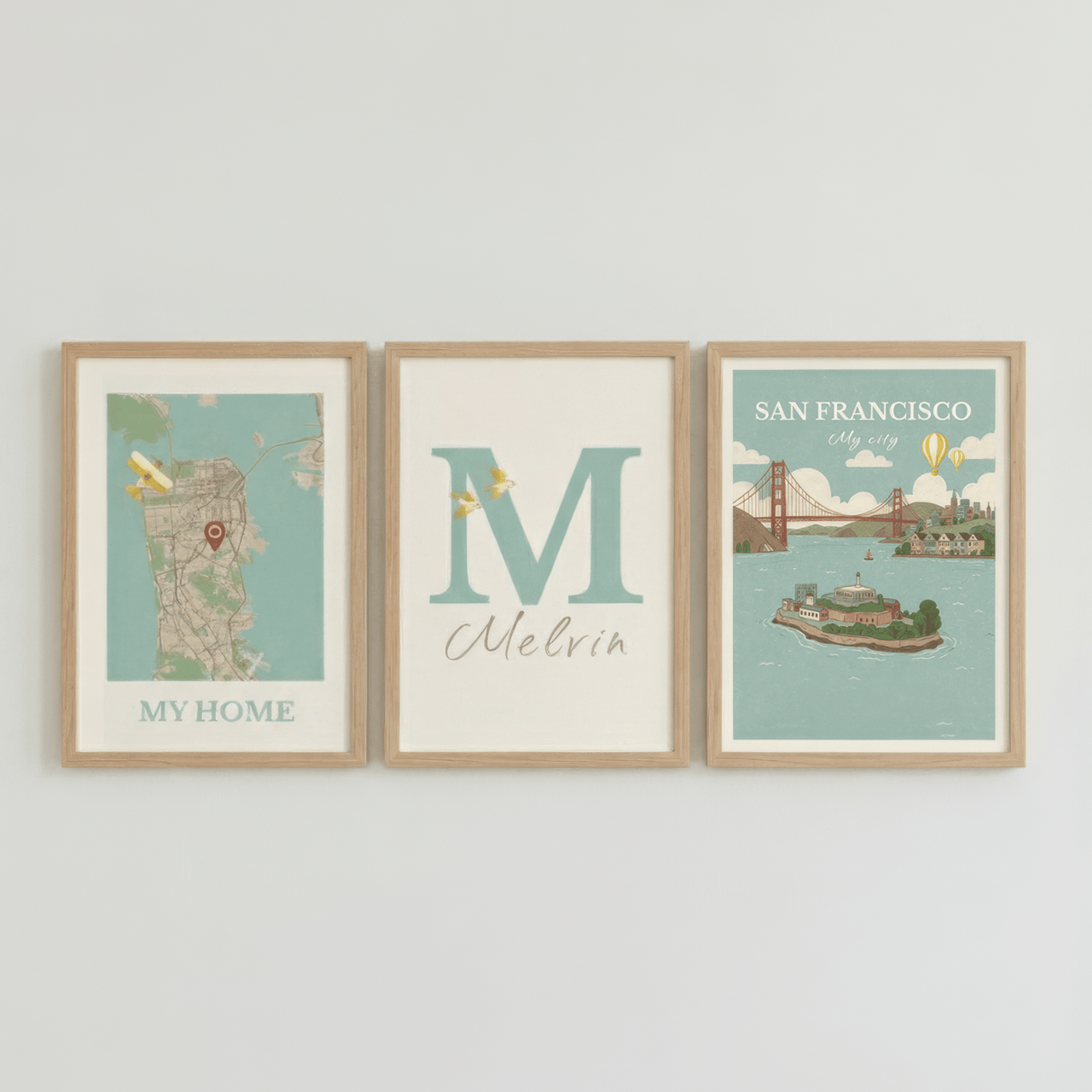 San Francisco Prints for Kids - Map, Name and City Illustration • Set of 3