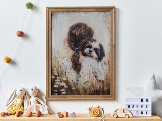 Shih Tzu Nursery Print, Shi Tzu Art, Girl and Dog Art, Shi Tzu Painting, Dog Nursery Decor Girl,Printable Vintage Dog Wall Art for Girl Room - My Store