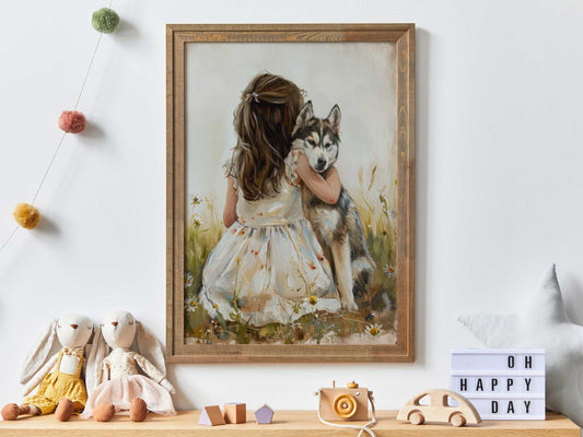 Siberian Husky Nursery Art, Girl and Dog Painting, Husky Wall Art, Wildflower Nursery, Husky Baby Shower Decor, Printable Dog Art Girl Roomc - My Store
