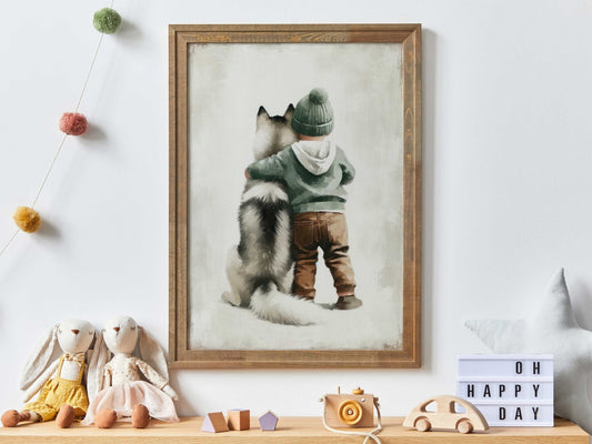 Siberian Husky Nursery Decor, Boy and Dog Print, Rustic Puppy Art - WildfieldPrints