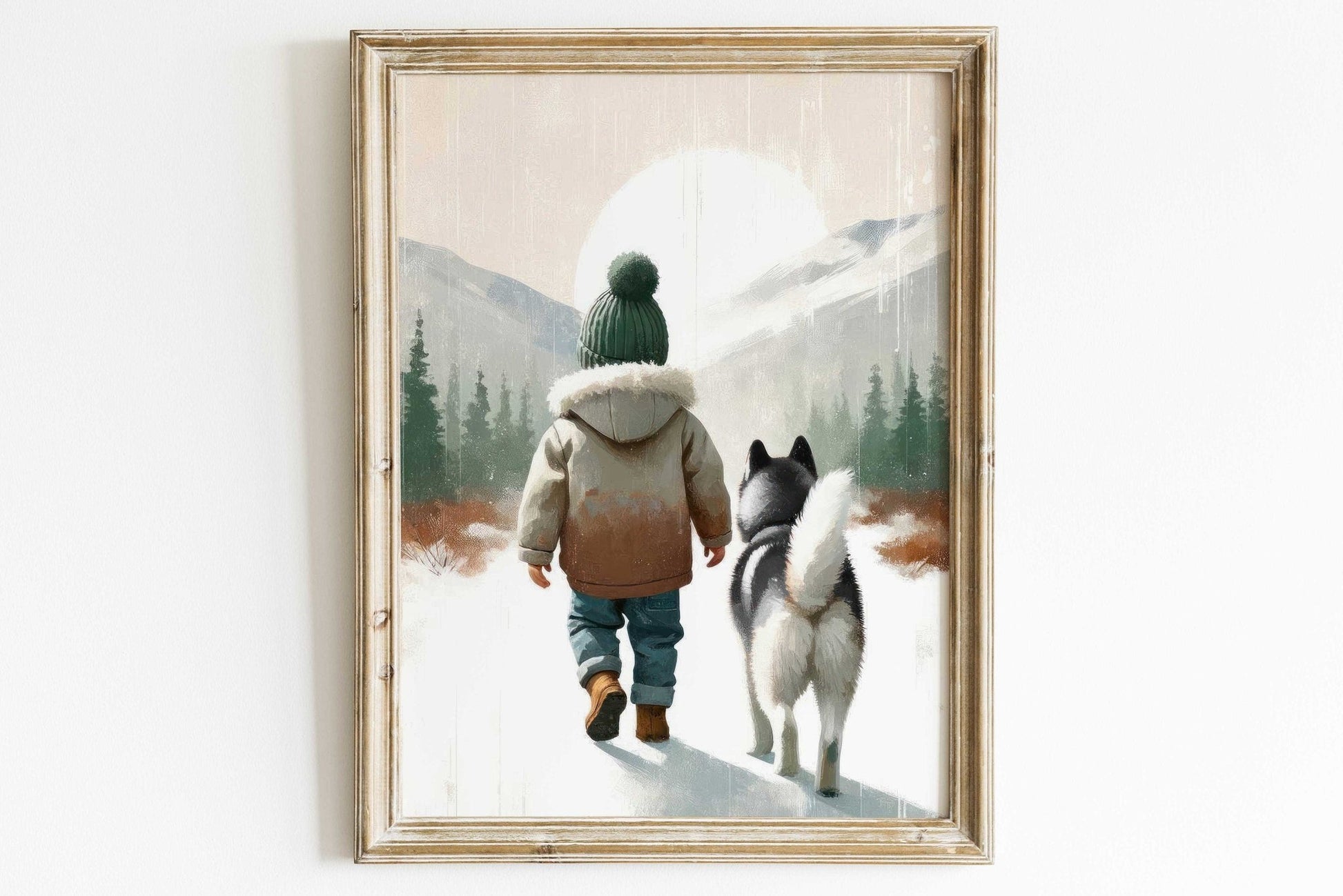 Siberian Husky Nursery Decor, Boy and Dog Print, Rustic Puppy Art - WildfieldPrints