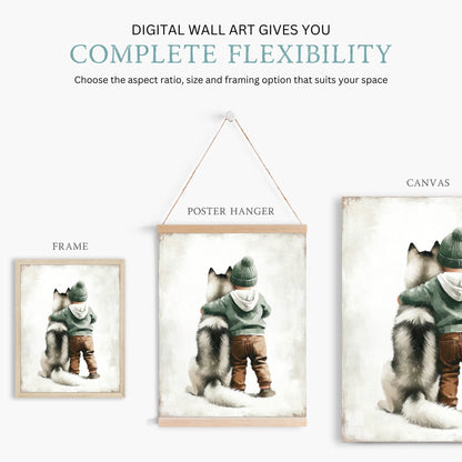 Siberian Husky Nursery Decor, Boy and Dog Print, Rustic Puppy Art - WildfieldPrints