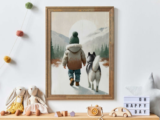 Siberian Husky Nursery Decor, Boy and Dog Print, Rustic Puppy Art - WildfieldPrints