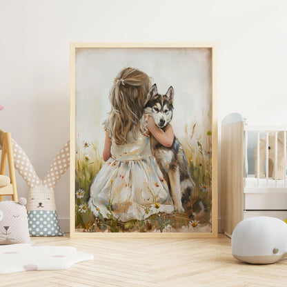 Siberian Husky Nursery Decor, Girl and Dog Wall Art, Rustic Print - WildfieldPrints