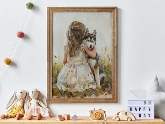 Siberian Husky Nursery Decor, Girl and Dog Wall Art, Rustic Print - WildfieldPrints