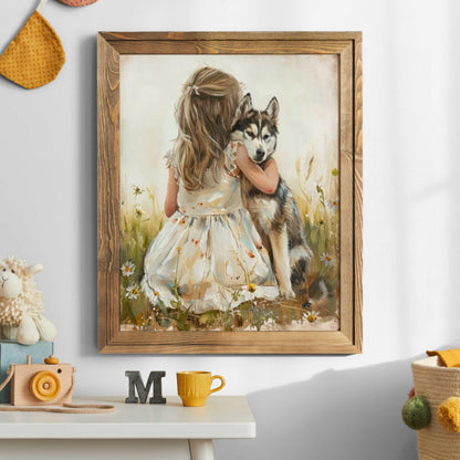 Siberian Husky Nursery Decor, Girl and Dog Wall Art, Rustic Print - WildfieldPrints