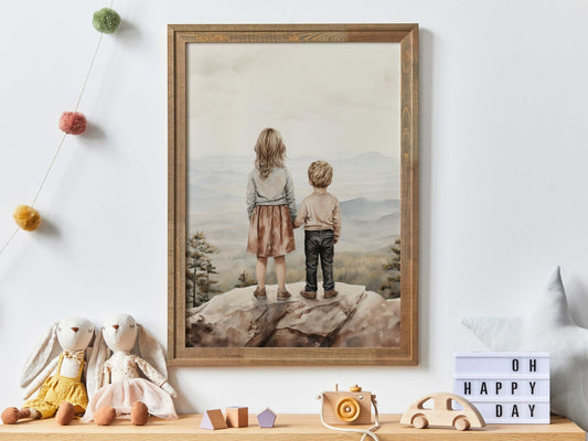 Sibling Print, Adventure Nursery Decor, Brother and Sister Room Art - WildfieldPrints