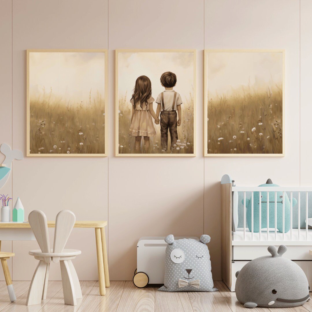 Brother and Sister Wall Art – Sibling Shared Bedroom Print • Set of 3