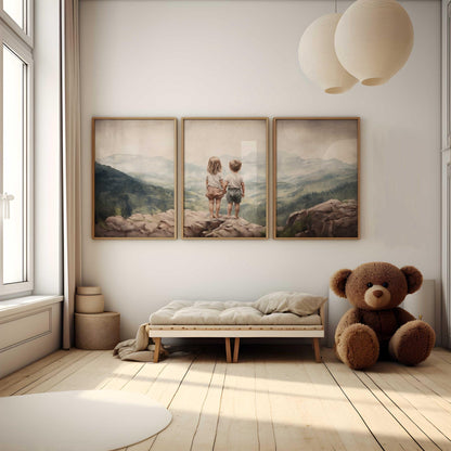 Sibling Wall Art, Vintage Brother & Sister Decor, Mountain Nursery Prints - WildfieldPrints