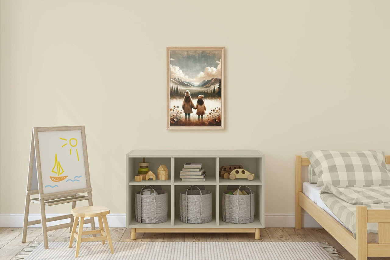 Sisters' Mountain Adventure Wall Art – Childhood Girls Room Print