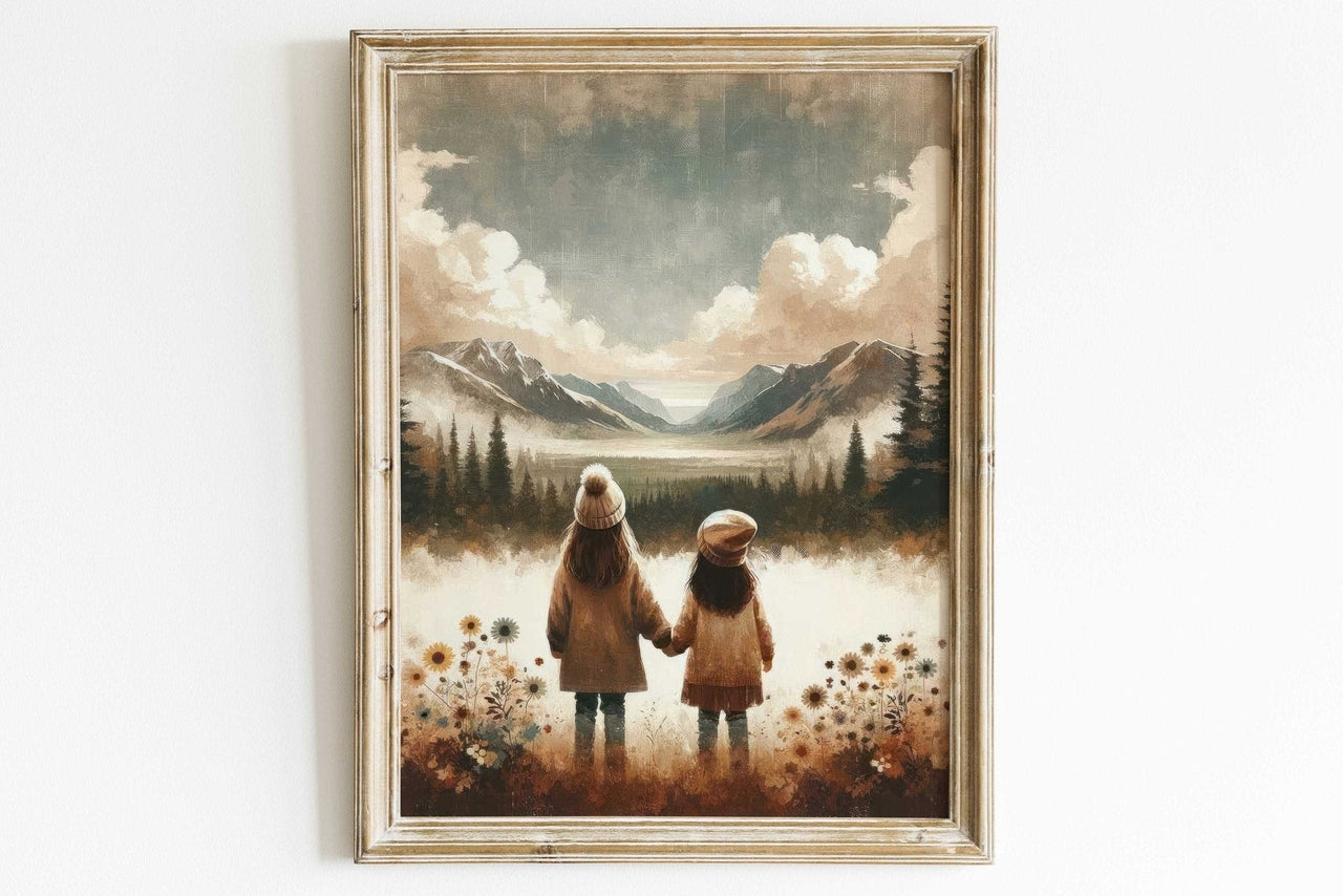 Sisters' Mountain Adventure Wall Art – Childhood Girls Room Print