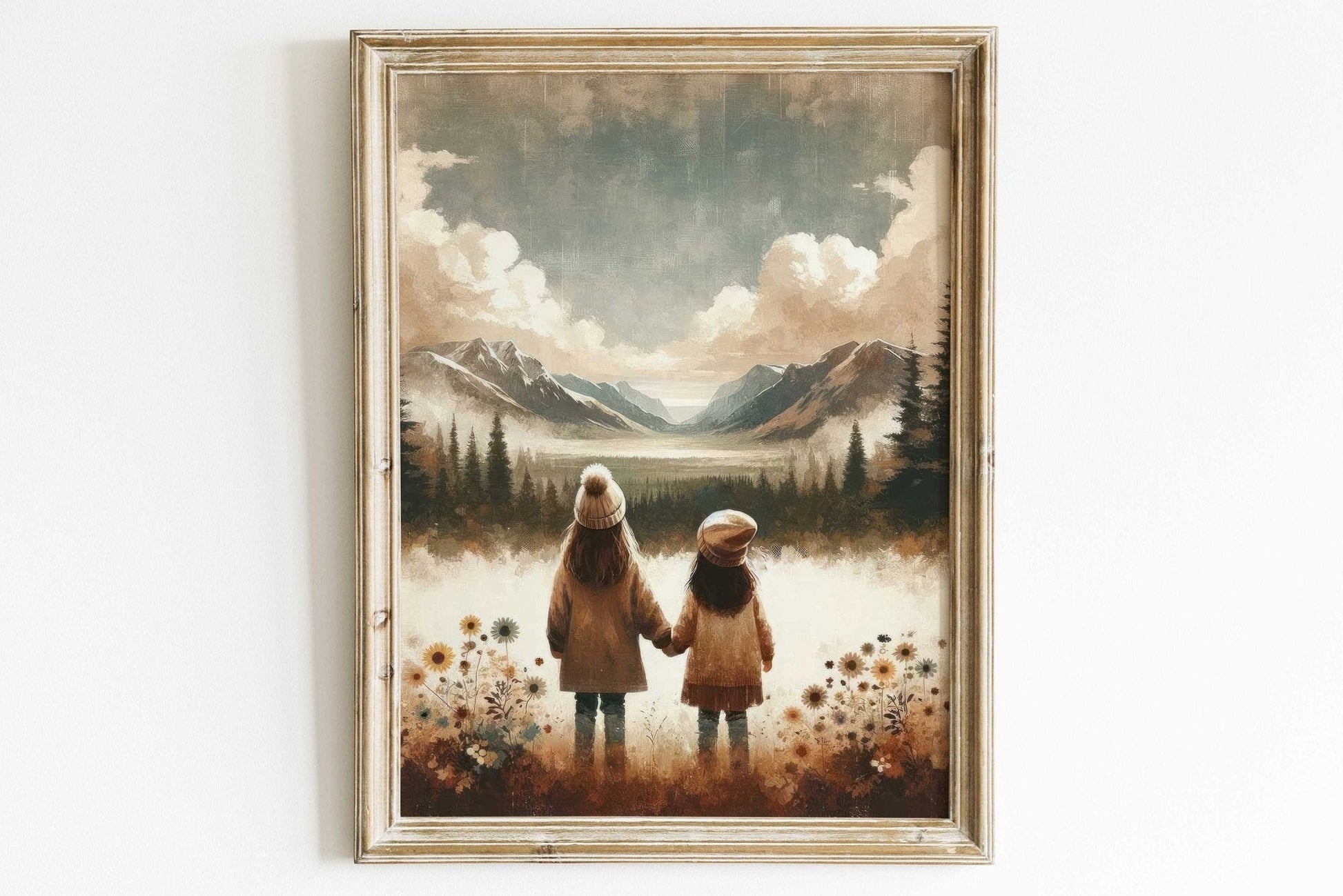 Sister Adventure Art, Girls Room Decor, Little Girls Mountain Print - WildfieldPrints