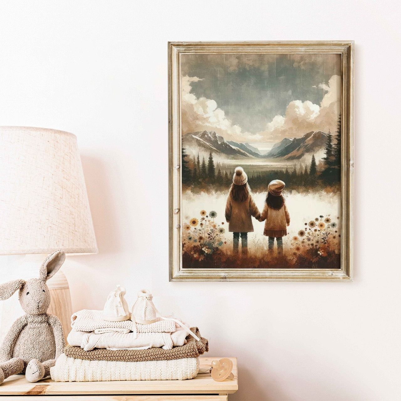 Sisters' Mountain Adventure Wall Art – Childhood Girls Room Print