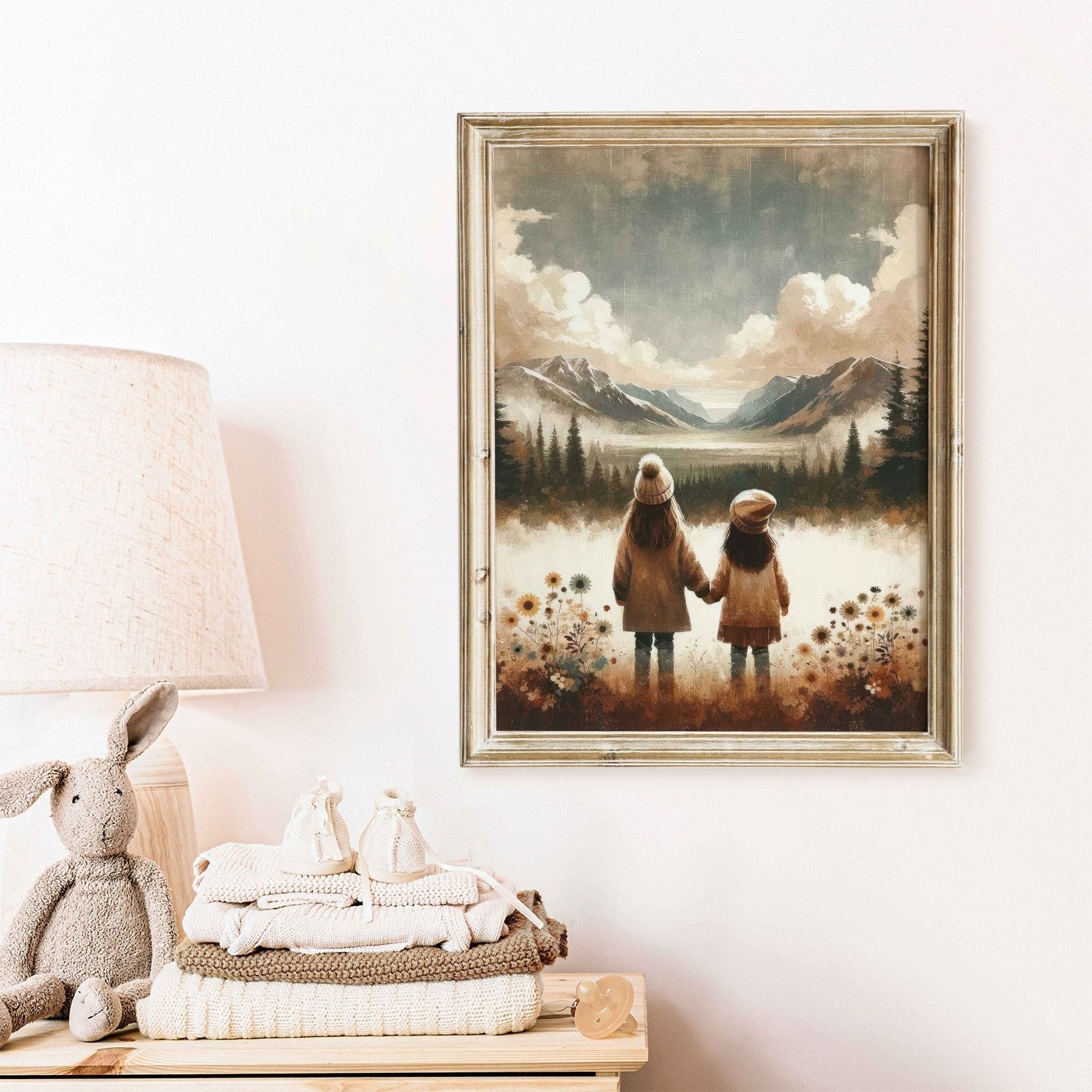 Sister Adventure Art, Girls Room Decor, Little Girls Mountain Print - WildfieldPrints