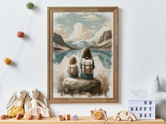 Sister Adventure Art, Mountain Nursery Decor, Nature Girl Wall Print - WildfieldPrints