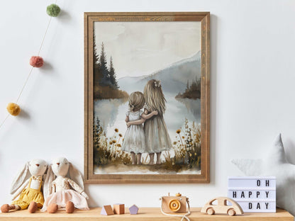 Sister Kids Print, Sister Room Decor, Lake Nursery Art, Sister Painting, Shared Sister Bedroom Decor, Two Girls, Printable Girl Wall Decor - My Store