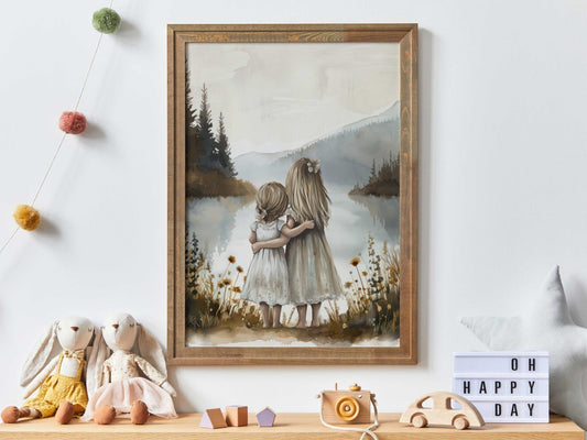 Sister Kids Print, Sister Room Decor, Lake Nursery Art, Sister Painting, Shared Sister Bedroom Decor, Two Girls, Printable Girl Wall Decor - My Store