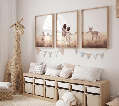 Sister Room Decor, Deer & Bunny Art, Shared Girl Prints - WildfieldPrints