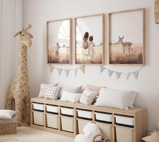 Sister Room Decor, Deer & Bunny Art, Shared Girl Prints - WildfieldPrints