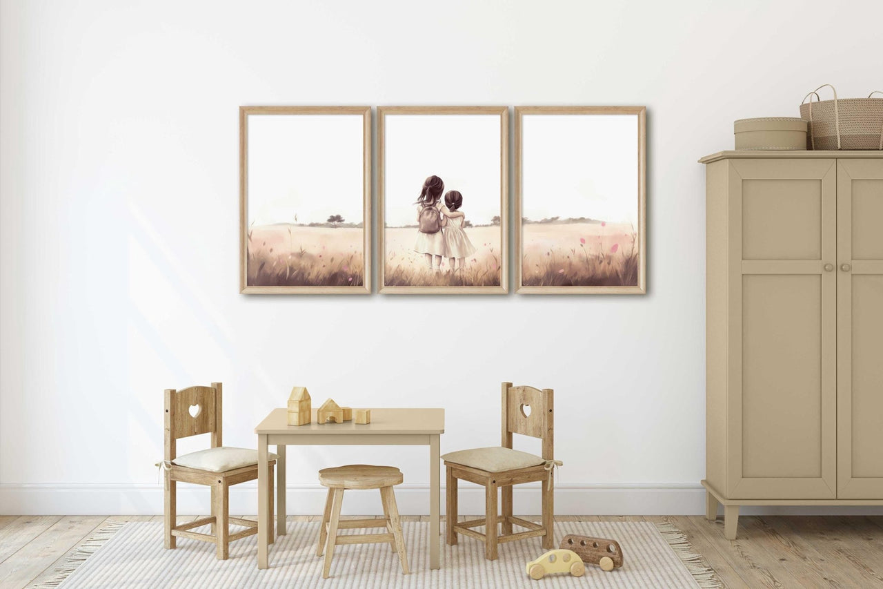 Two Young Sisters Wall Art – Nursery Decor for Girls Room • Set of 3