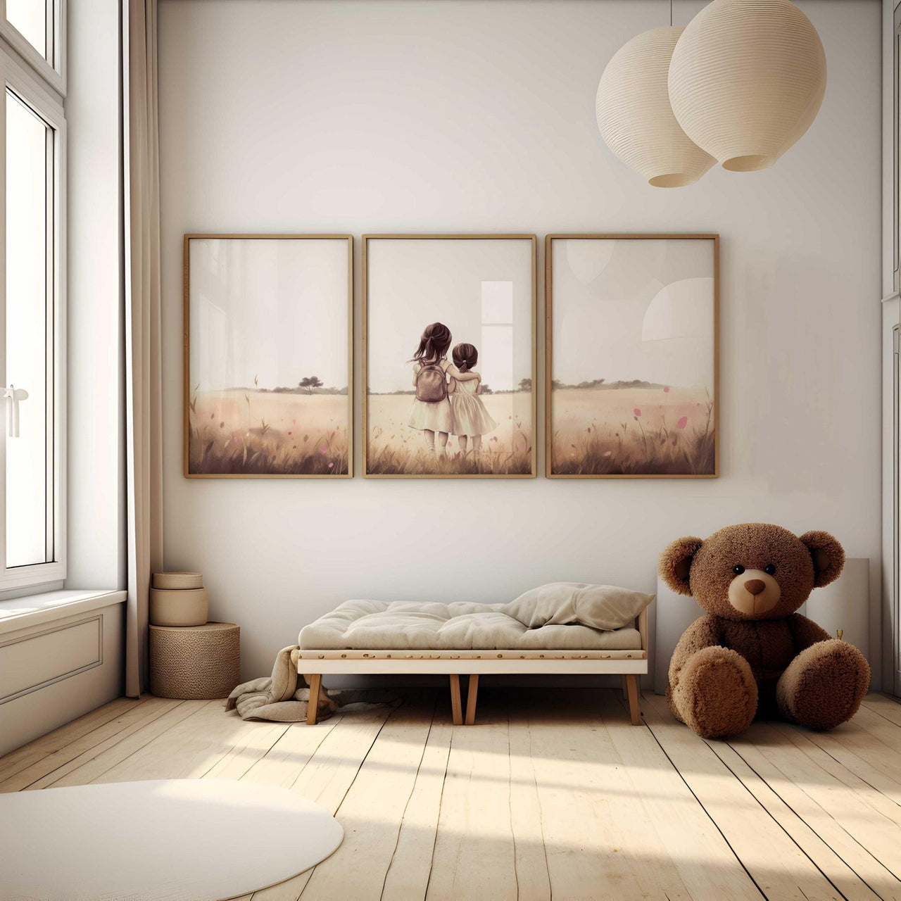 Two Young Sisters Wall Art – Nursery Decor for Girls Room • Set of 3