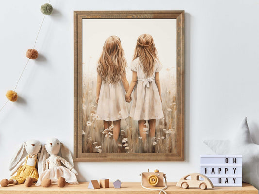Sister Wall Art, Best Friends Print, Vintage Twin Sister Painting - WildfieldPrints