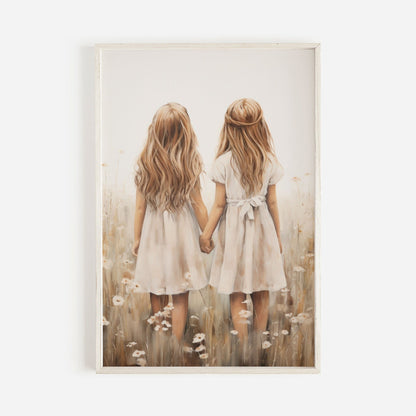 Sister Wall Art, Best Friends Print, Vintage Twin Sister Painting - WildfieldPrints