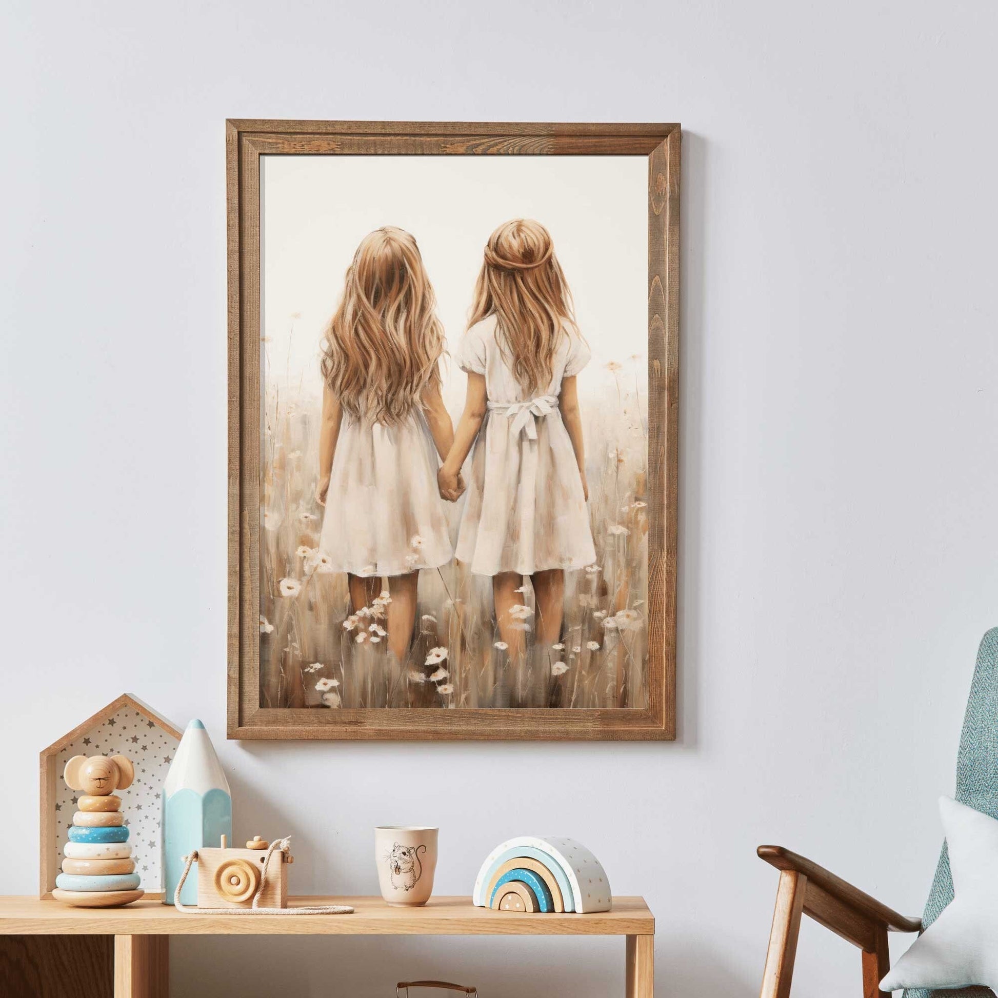 Sister Wall Art, Best Friends Print, Vintage Twin Sister Painting - WildfieldPrints