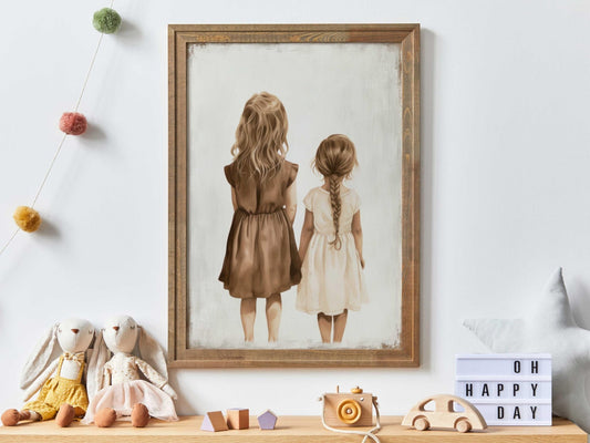Sister Wall Art, Sister Room Decor, Vintage Sister Painting, Shared Sister Bedroom Print, Girls Room, Two Girls Print, Printable Girl Art - My Store