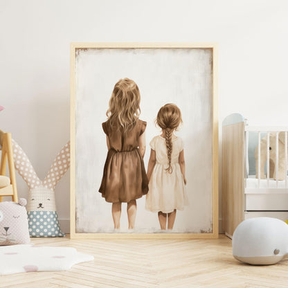 Sister Wall Art, Sister Room Decor, Vintage Sister Painting, Shared Sister Bedroom Print, Girls Room, Two Girls Print, Printable Girl Art - My Store