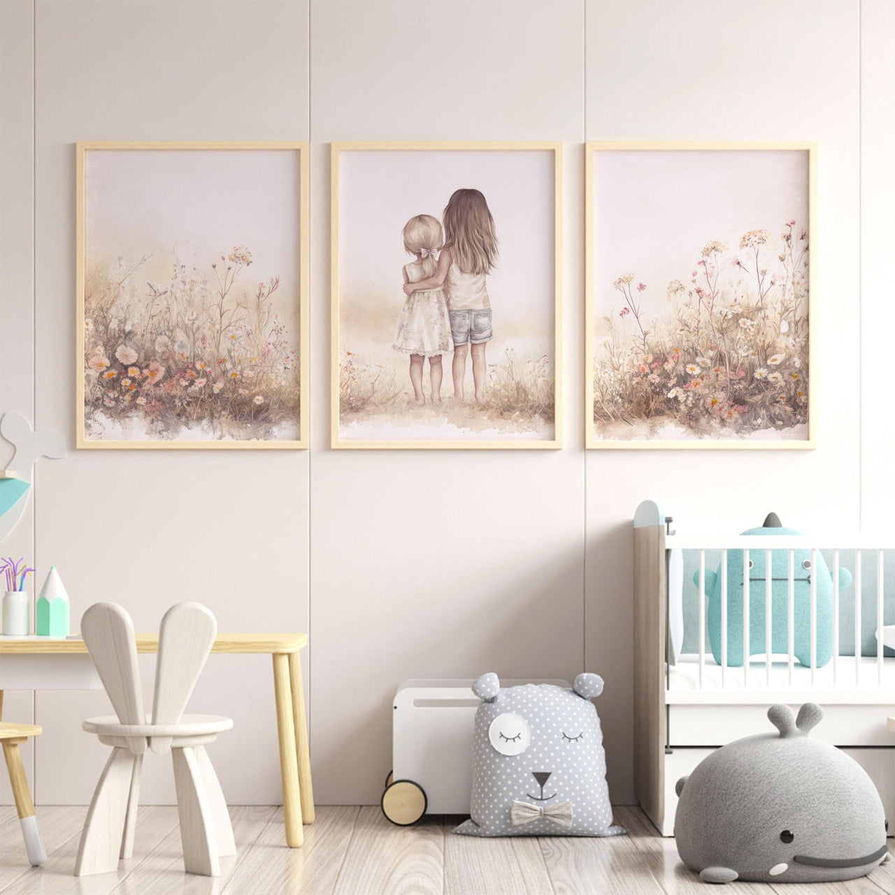 Wildflower Wall Art – Floral Shared Kids Room Print • Set of 3