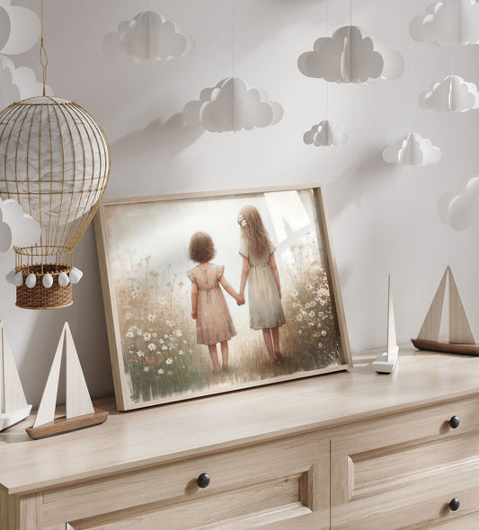 Sisterhood Art, Vintage Sister Painting, Best Friends Decor - WildfieldPrints