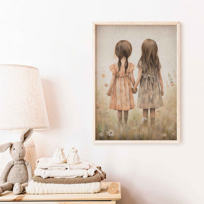 Sisterhood Wall Art, Best Friends Print, Vintage Twin Sister Decor - WildfieldPrints