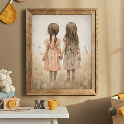 Sisterhood Wall Art, Best Friends Print, Vintage Twin Sister Decor - WildfieldPrints