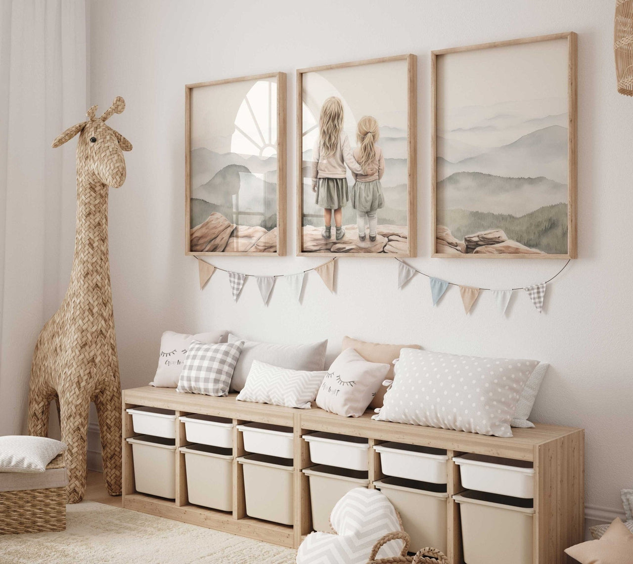 Blonde Sister Mountain Wall Art – Adventure Girls Room Print • Set of 3