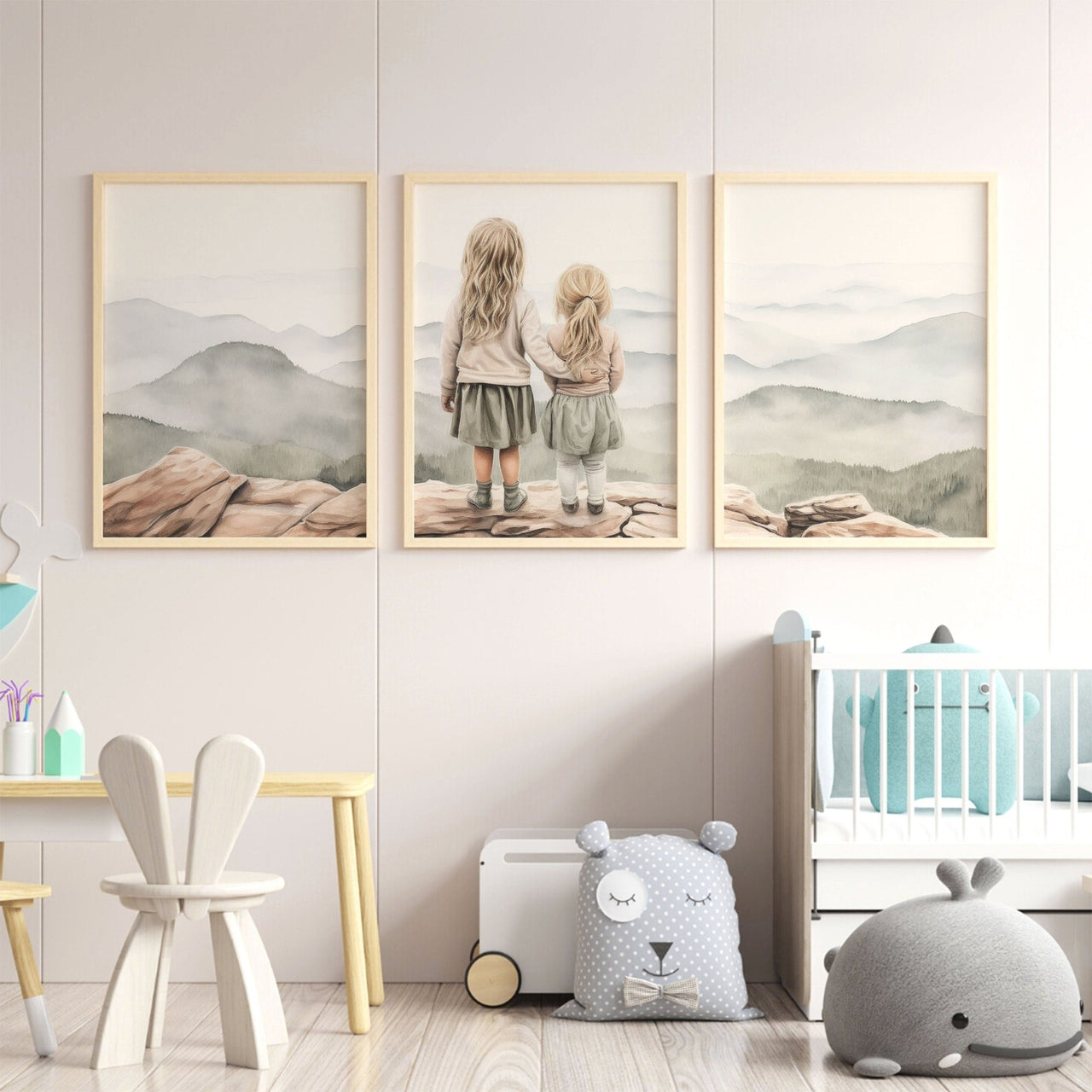 Blonde Sister Mountain Wall Art – Adventure Girls Room Print • Set of 3