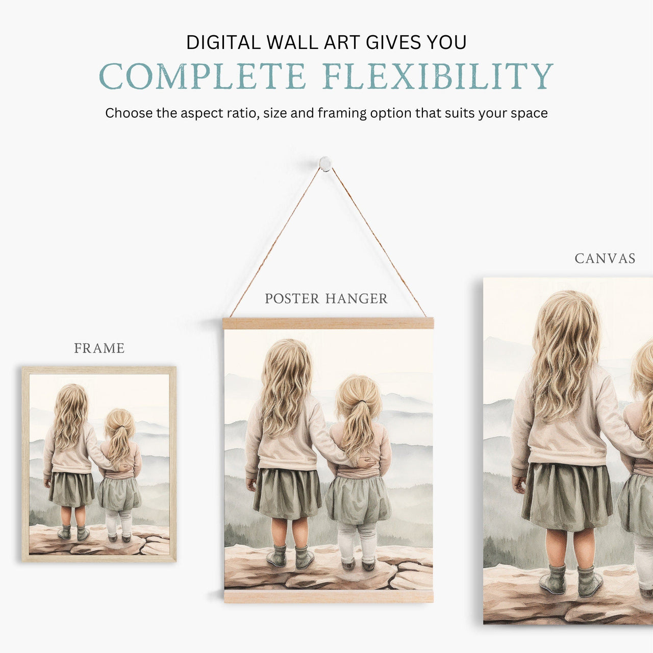 Blonde Sister Mountain Wall Art – Adventure Girls Room Print • Set of 3